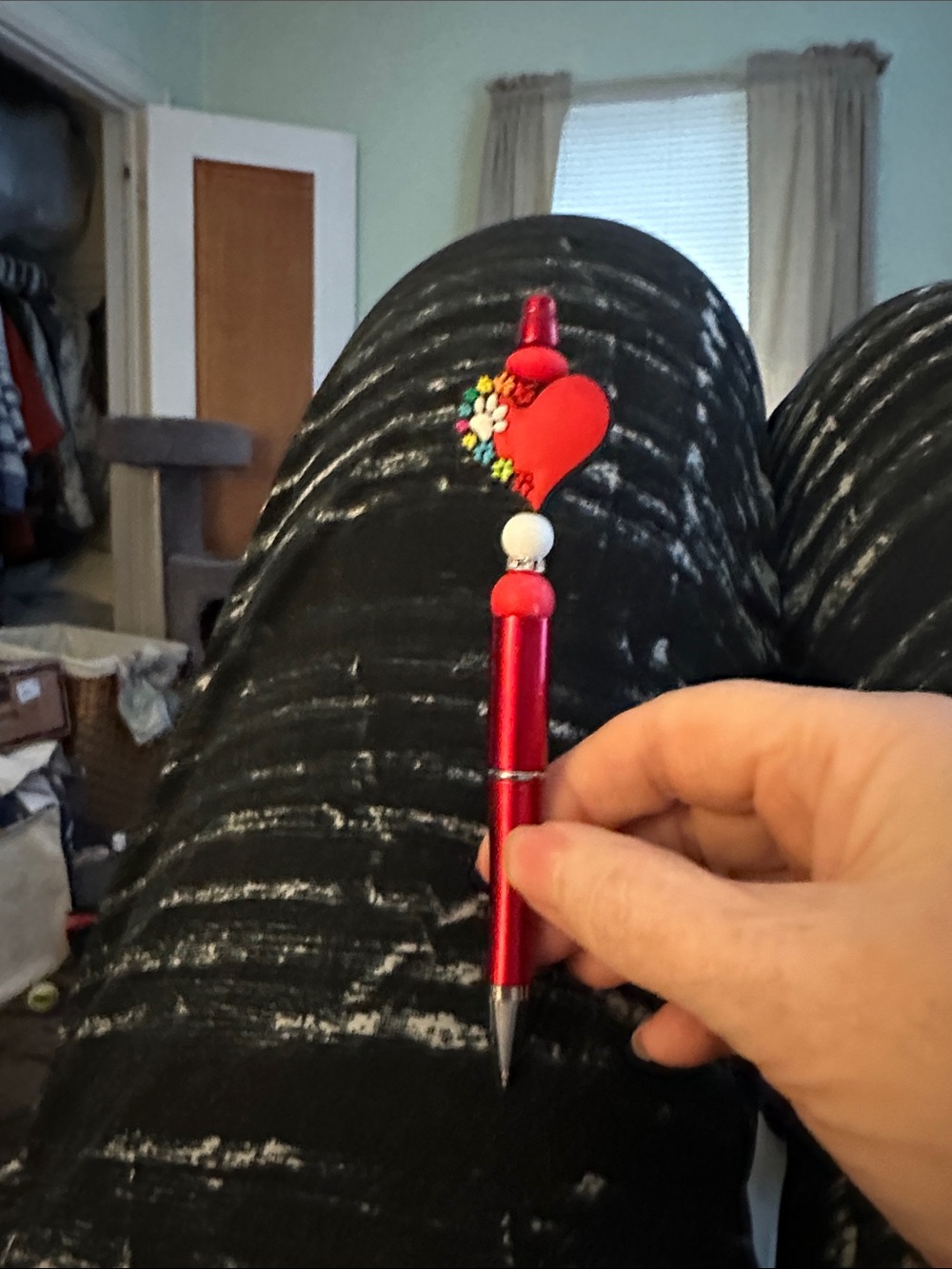 Red Heart Charm and Paw Print Pen with Bead Accents